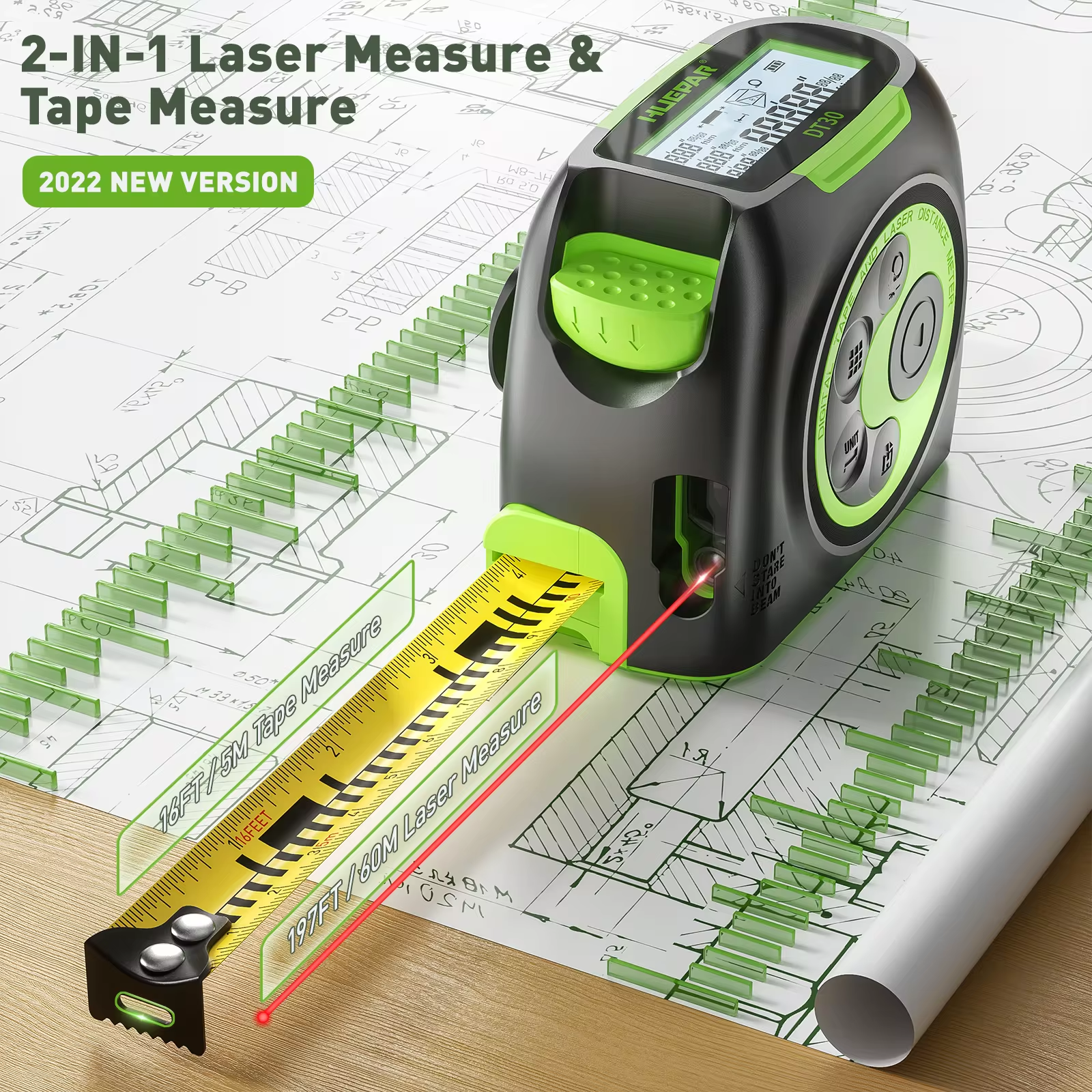 Huepar Digital 60M 197ft Laser - Industrial Laser Tape Measure 评论和价格
